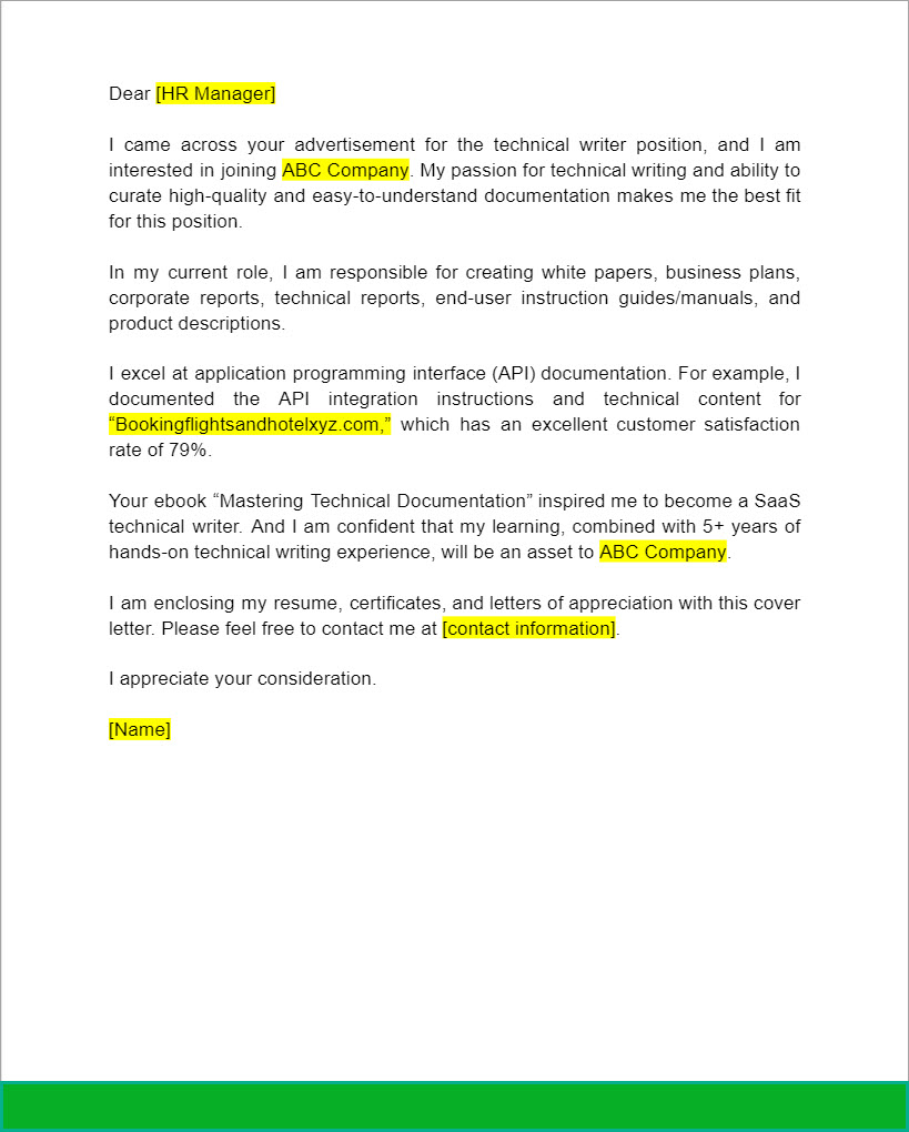 Technical writer cover letter example 1