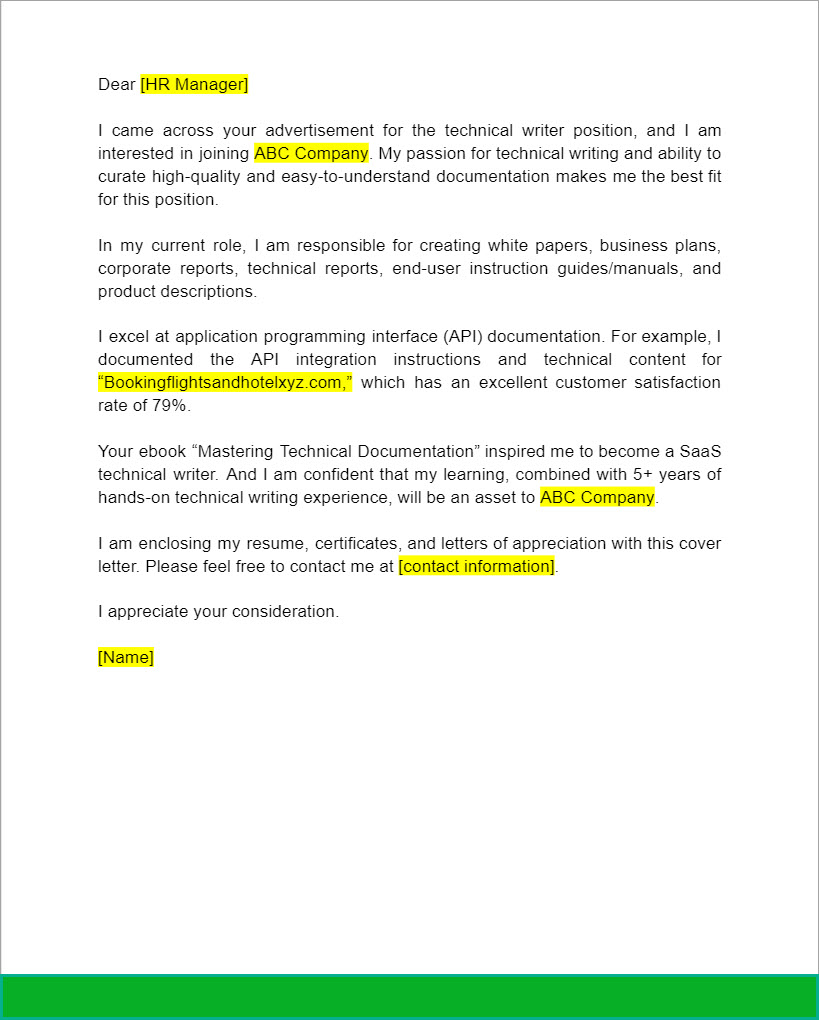 cover letter ideas for technical writing