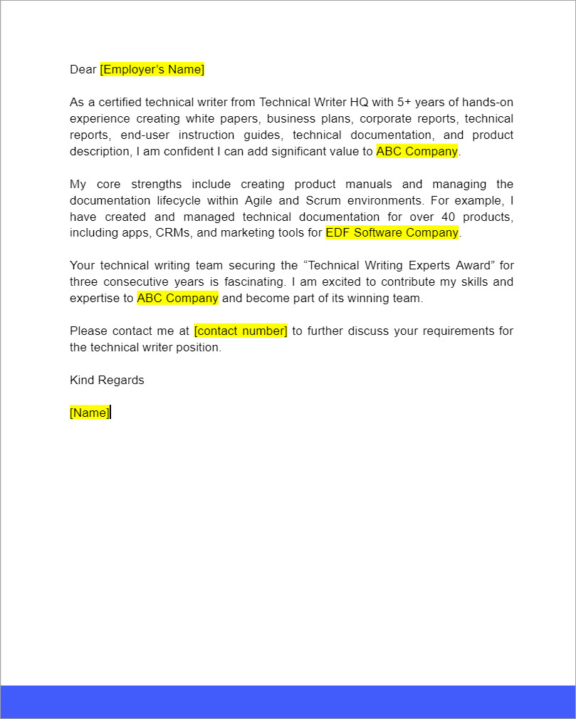 cover letter for technical writing job